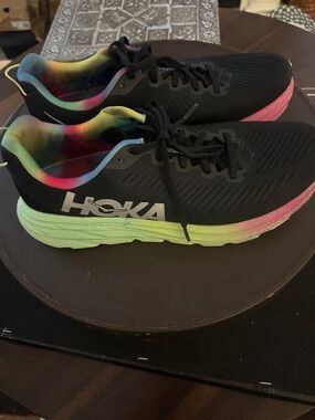 Hoka Rincon 3  Black Sneakers with Rainbow Lining and Green-Pink Gradient Sole